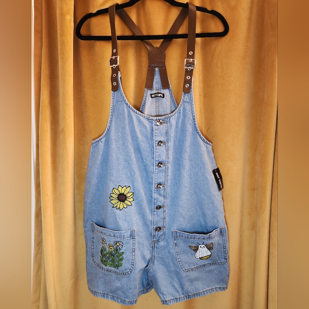 Hot Topic Light Blue Denim Overalls with Brown Straps, Bee And Ghost Patches
